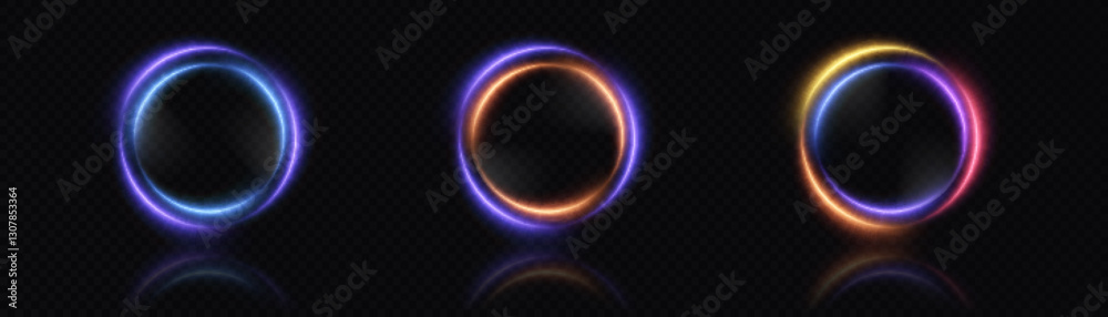 Aufkleber Set of bright round ring frames with colorful gradient transitions with space for text or object in the center, bright light frame object for illustrations or game interfaces. Vector