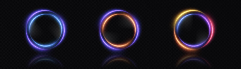 Set of bright round ring frames with colorful gradient transitions with space for text or object in the center, bright light frame object for illustrations or game interfaces. Vector