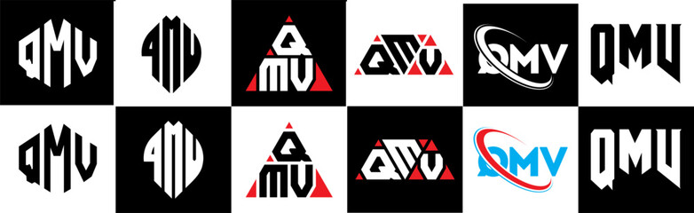 QMV letter logo design in six style. QMV polygon, circle, triangle, hexagon, flat and simple style with black and white color variation letter logo set in one artboard. QMV minimalist and classic logo