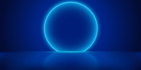Studio with bright blue neon ring on dark background. Room backdrop with circle lights, stage wall and black floor. Abstract pattern for technology show. Modern car. Art & Illustration