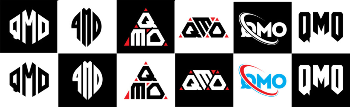 QMO letter logo design in six style. QMO polygon, circle, triangle, hexagon, flat and simple style with black and white color variation letter logo set in one artboard. QMO minimalist and classic logo