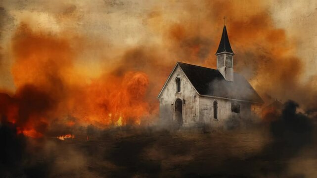 Church engulfed in flames: Symbolic representation of religious conflict or persecution. Dramatic visual metaphor for faith under attack. Vintage effect