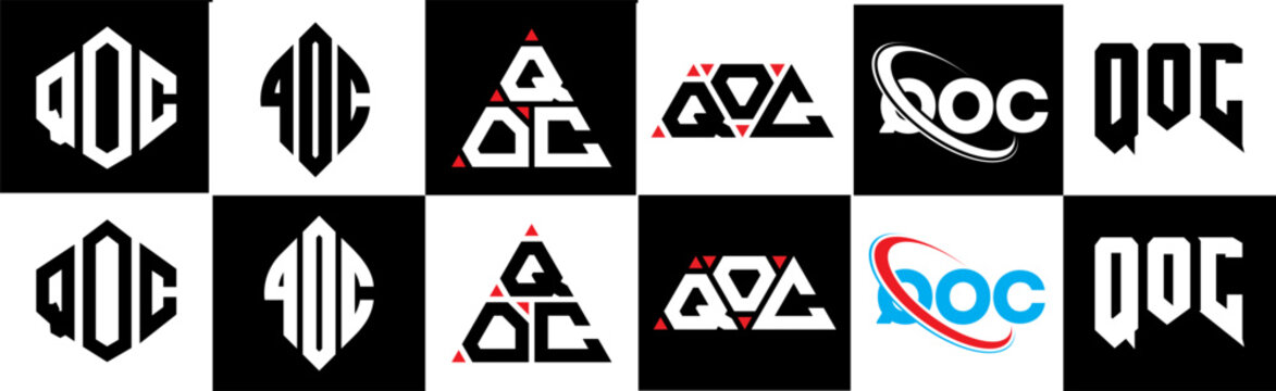 QOC letter logo design in six style. QOC polygon, circle, triangle, hexagon, flat and simple style with black and white color variation letter logo set in one artboard. QOC minimalist and classic logo