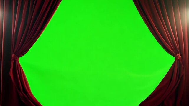 Red velvet curtains opening to a green screen background, perfect for presentations or video editing