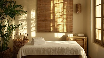 Serene holistic treatment room with soft light spa environment tranquil ambiance relaxation concept