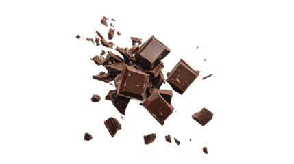 Dark Chocolate Chunks Exploding on Transparent Background, PNG
