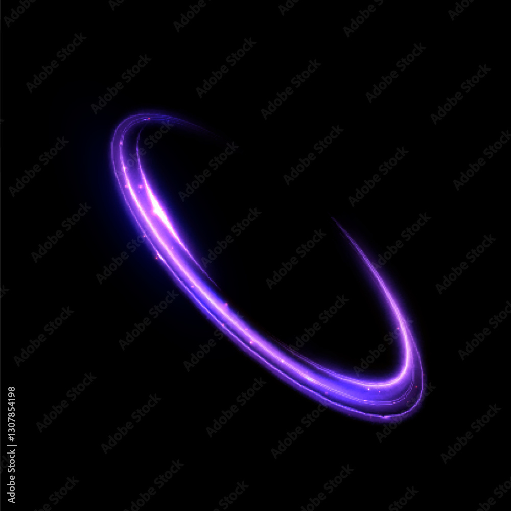 Poster Shiny bright purple glowing curved line with magical light effect. Glow effect for game interface design on black background.	