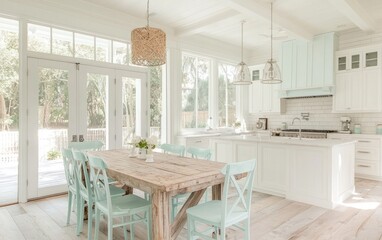 Fototapeta premium Bright kitchen and dining area with white cabinets, light blue chairs, and a rustic wooden table.