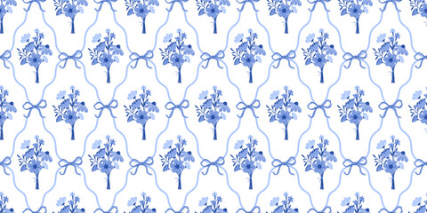 Blue Coquette Bows and Flowers. Floral damask seamless pattern for fabric, wallpaper, cover, wrapping paper. Botanical classic elegance print Vector isolated on white background