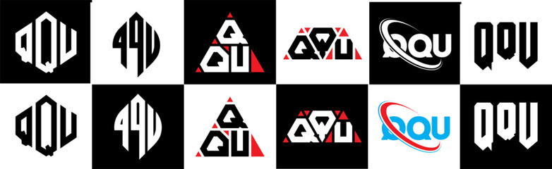 QQU letter logo design in six style. QQU polygon, circle, triangle, hexagon, flat and simple style with black and white color variation letter logo set in one artboard. QQU minimalist and classic logo