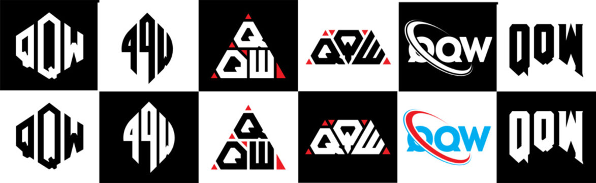 QQW letter logo design in six style. QQW polygon, circle, triangle, hexagon, flat and simple style with black and white color variation letter logo set in one artboard. QQW minimalist and classic logo