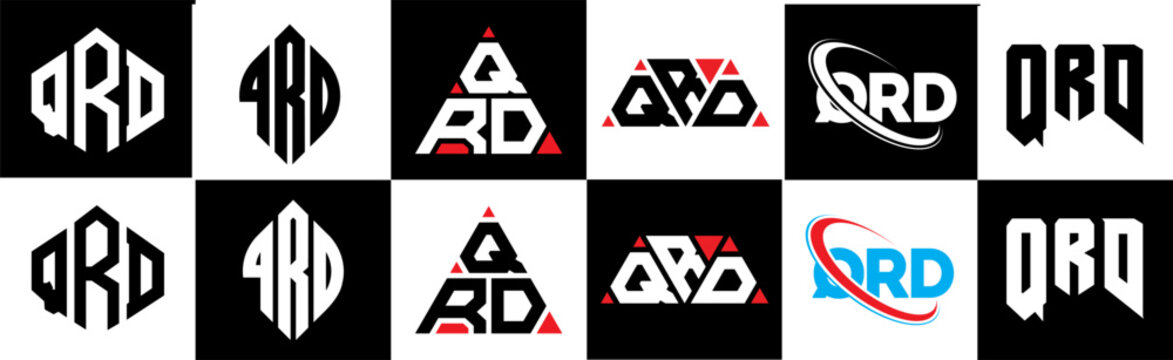 QRD letter logo design in six style. QRD polygon, circle, triangle, hexagon, flat and simple style with black and white color variation letter logo set in one artboard. QRD minimalist and classic logo