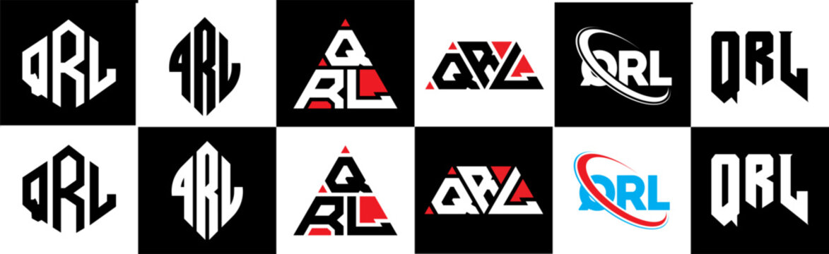 QRL letter logo design in six style. QRL polygon, circle, triangle, hexagon, flat and simple style with black and white color variation letter logo set in one artboard. QRL minimalist and classic logo