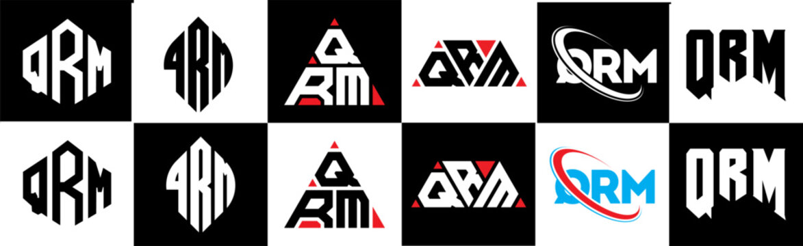QRM letter logo design in six style. QRM polygon, circle, triangle, hexagon, flat and simple style with black and white color variation letter logo set in one artboard. QRM minimalist and classic logo