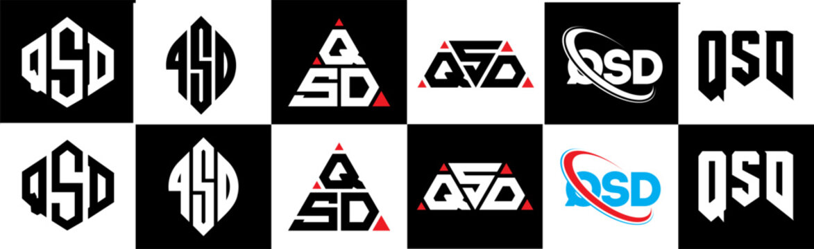 QSD letter logo design in six style. QSD polygon, circle, triangle, hexagon, flat and simple style with black and white color variation letter logo set in one artboard. QSD minimalist and classic logo