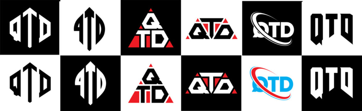 QTD letter logo design in six style. QTD polygon, circle, triangle, hexagon, flat and simple style with black and white color variation letter logo set in one artboard. QTD minimalist and classic logo