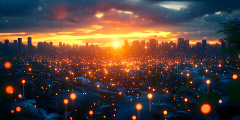 A stunning representation of a global digital network, featuring interconnected nodes, glowing data streams, and a sunrise over the Earth. The image symbolizes global connectivity, blockchain technolo