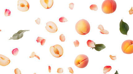 Fresh Peach Slices and Leaves Falling on a Transparent Background, PNG