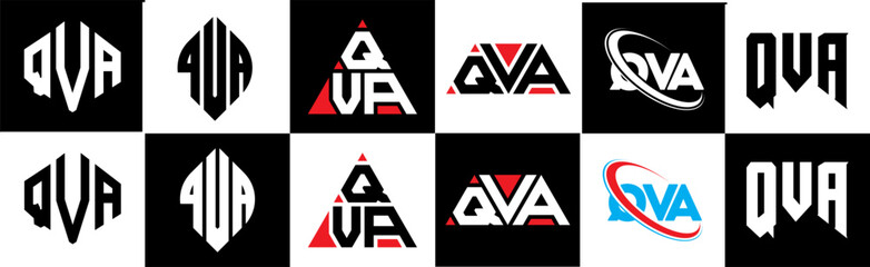 QVA letter logo design in six style. QVA polygon, circle, triangle, hexagon, flat and simple style with black and white color variation letter logo set in one artboard. QVA minimalist and classic logo