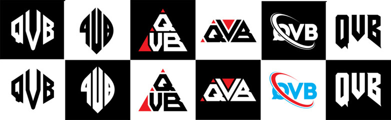 QVB letter logo design in six style. QVB polygon, circle, triangle, hexagon, flat and simple style with black and white color variation letter logo set in one artboard. QVB minimalist and classic logo