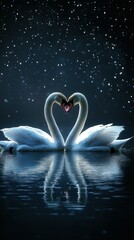 Swans create a heart shape on a tranquil lake during a starry night in a serene natural setting