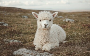 Obraz premium Adorable white alpaca cria resting on grassy hillside.