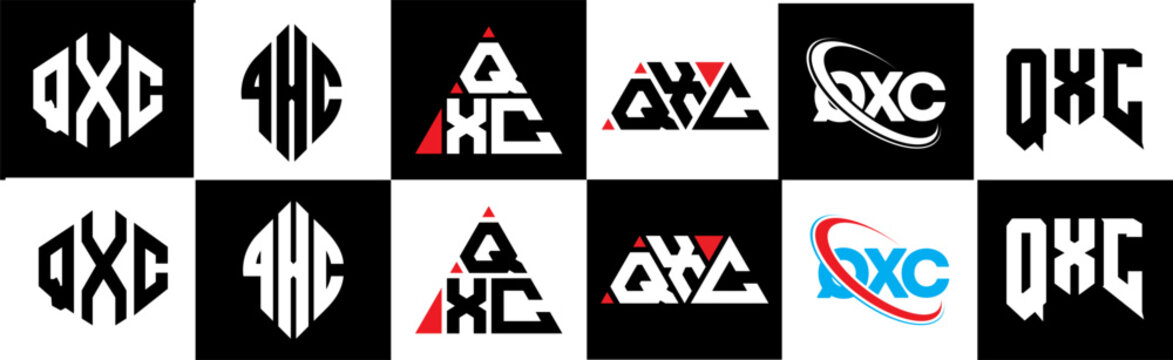 QXC letter logo design in six style. QXC polygon, circle, triangle, hexagon, flat and simple style with black and white color variation letter logo set in one artboard. QXC minimalist and classic logo
