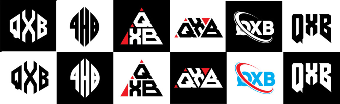QXB letter logo design in six style. QXB polygon, circle, triangle, hexagon, flat and simple style with black and white color variation letter logo set in one artboard. QXB minimalist and classic logo
