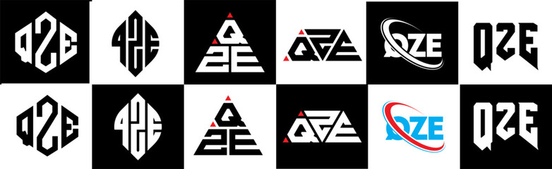 Obraz premium QZE letter logo design in six style. QZE polygon, circle, triangle, hexagon, flat and simple style with black and white color variation letter logo set in one artboard. QZE minimalist and classic logo