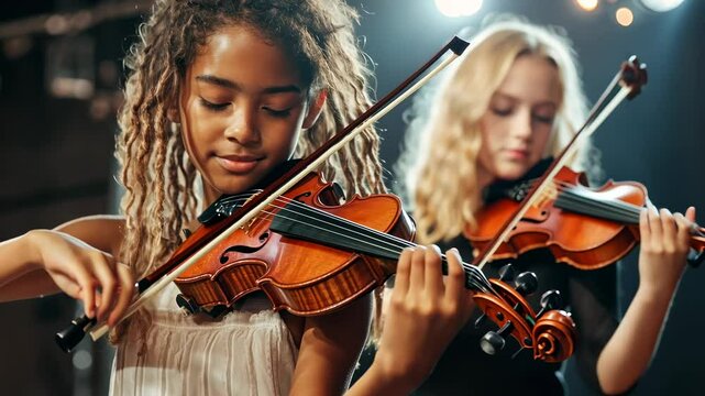 Two women play violins passionately in a dimly lit setting. The video captures a close-up angle, highlighting their focus and musical expression.