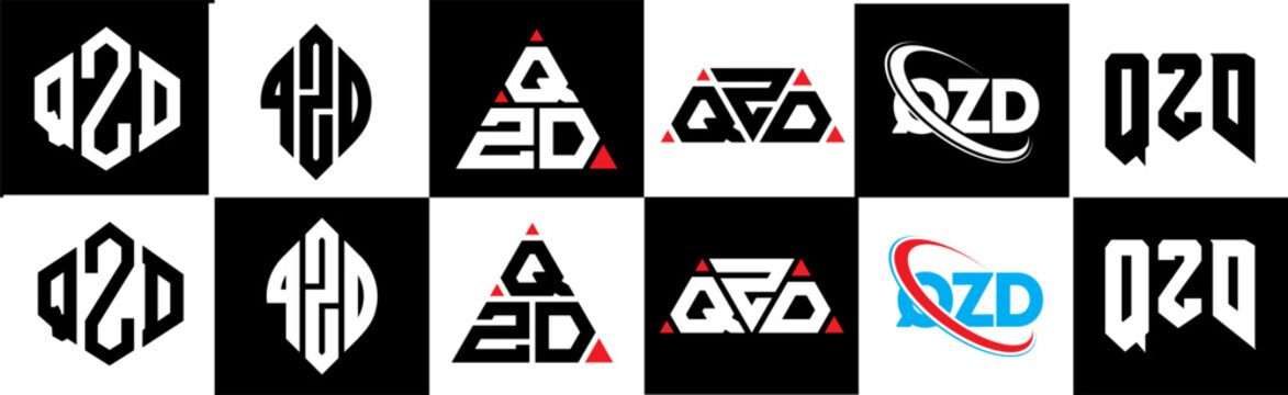 QZD letter logo design in six style. QZD polygon, circle, triangle, hexagon, flat and simple style with black and white color variation letter logo set in one artboard. QZD minimalist and classic logo