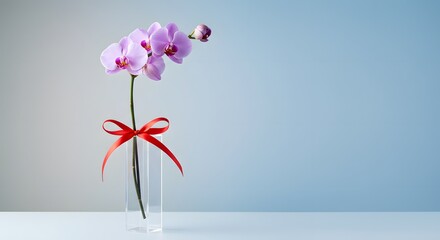 Elegant pink orchid flower in clear glass vase with red ribbon life gift card bloom plant still clean
