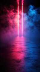 Obraz premium Colorful neon lights illuminate a fog-filled space creating a vibrant atmospheric effect