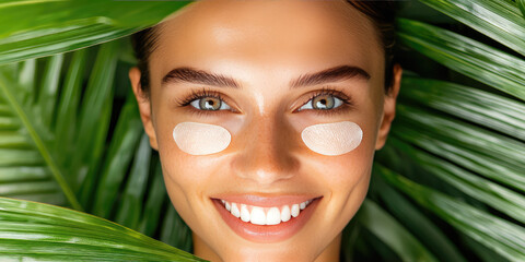 Young smiling woman with hydrogel patches under eyes on tropical background. Skin moisturizing, facial care cosmetics.