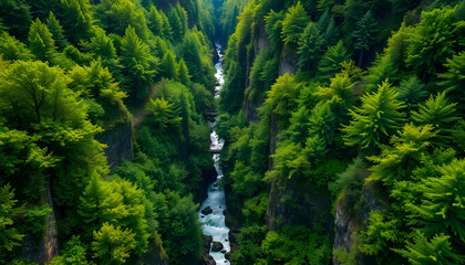 A breathtaking view of a ravine filled with vibrant green trees, showcasing the integration of advanced imaging technology in nature photography.
