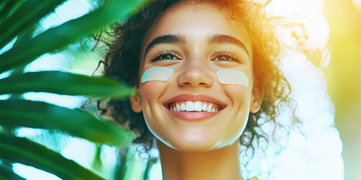Young smiling woman with hydrogel patches under eyes on tropical background. Skin moisturizing, facial care cosmetics. - Powered by Adobe