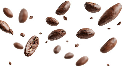 Roasted Coffee Beans Falling Against Transparent Background, PNG
