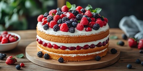 Delicious layered cake topped with fresh berries on a wooden table in a cozy kitchen setting