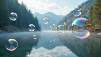 Soap Bubbles Floating Over a Mountain Lake Surrounded by a Forest with Light Mist, Creating a Calm and Tranquil Atmosphere