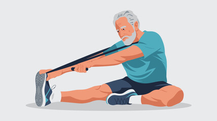 Obraz premium Senior man stretching with resistance band, active aging, healthy lifestyle for elderly.