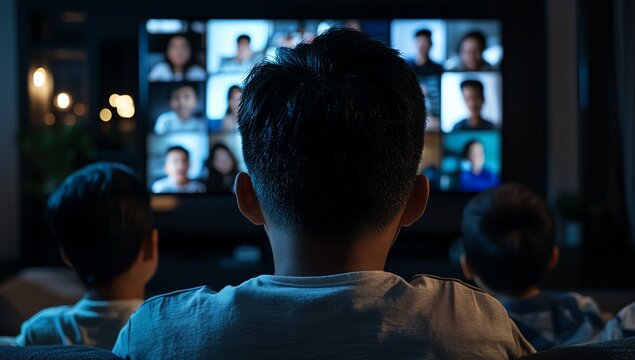 Three children watching a video call on a large screen, illuminated by the glow of the TV in a dark room. This image represents modern communication and remote learning.
