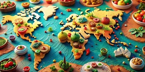 3D Clay World Map with Location Pins: Delicious Food Photography