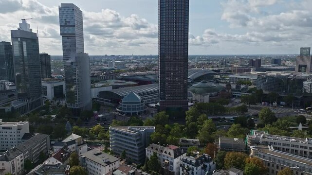 Aerial Drone View of MesseTurm in Frankfurt, Germany a Iconic Skyscraper and Modern Cityscape.