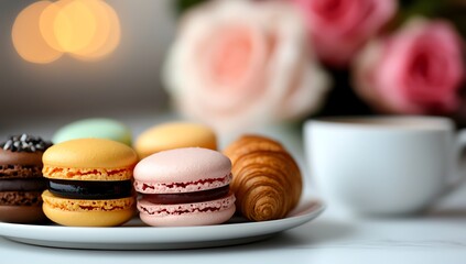 Obraz premium A delightful arrangement of colorful macarons served on a plate, accompanied by a croissant and a cup of steaming coffee, set against a blurred background of blooming roses.