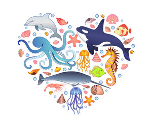 Naklejka premium The inhabitants of the underwater world - fish, mammals, mollusks located in the shape of a heart - vector print. The heart of the ocean - a picture on the theme of ecology and the protection 