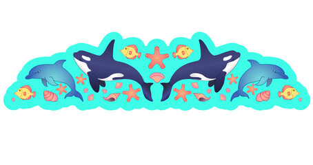 Fototapeta premium Symmetrical marine vector illustration divider with killer whales, dolphins, fish and shells in cartoon style. Divider border for websites or print on the underwater world and its inhabitants.