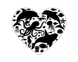 Sea life. I love ocean heart with sea animals. Silhouettes of marine life located in the shape of a heart - dolphins, killer whale, octopus, fish and shells. Illustration of black silhouettes.	
