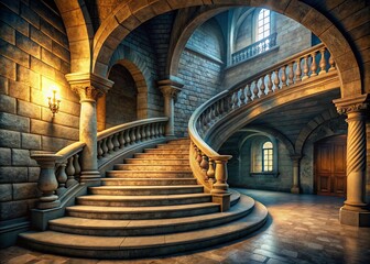 3D Render: Curved Stone Staircase in Ancient Castle - Stock Photo