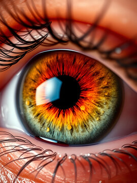 Closeup of a vibrant human eye with water droplets, stunning detail, macro photography, physiology concept