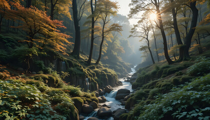 Experience the sanctuary of a thriving woodland with this image of a ravine, enhanced by advanced technology to bring out the vivid details of the landscape.
